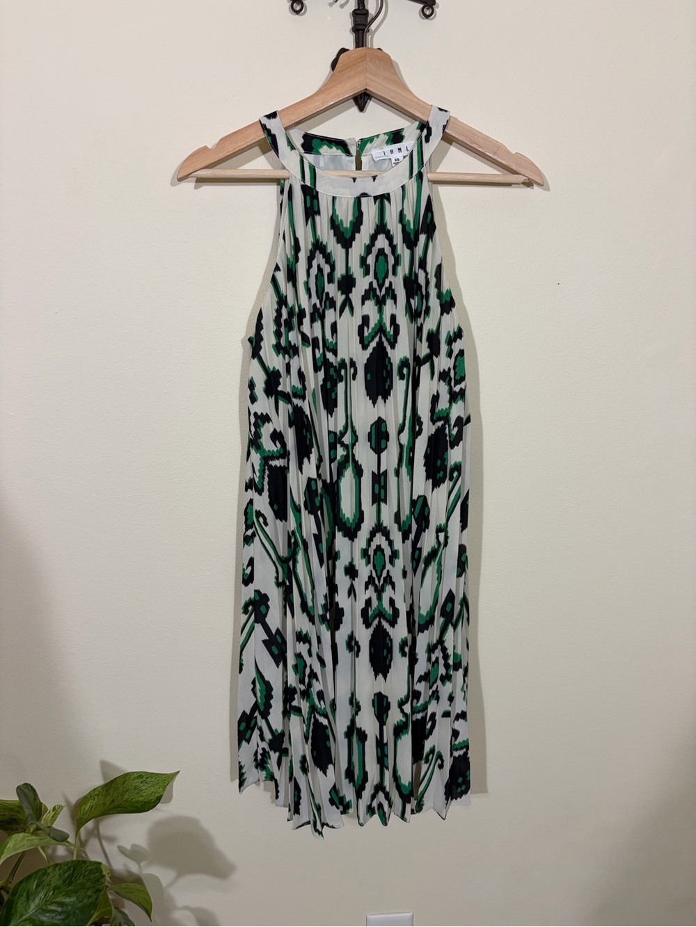 THML Sleeveless Pleated Midi Dress in Green & Black Ikat Print